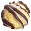 Pictured of 1 kernel flavored Double Drizzle, topped with white chocolate and dark chocolate. Gourmet popcorn.