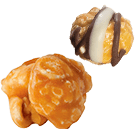 Picture of 2 kernels. 1 flavored of Double Drizzle, topped with white chocolate and dark chocolate. Gourmet popcorn. 1 kernel of Caramel flavored popcorn. Made with real Caramel.