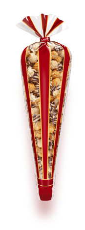 A picture of a mini cone of Popcornopolis® gourmet popcorn.