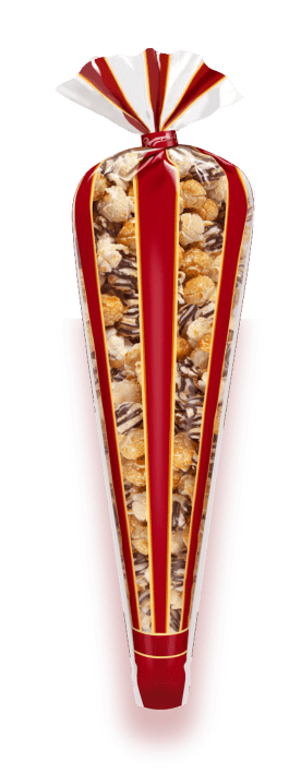 A picture of a cone of Popcornopolis® gourmet popcorn.