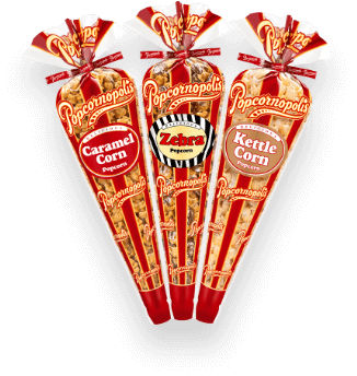 A picture of three mini cone of Popcornopolis® flavored Zebra®, Caramel Corn and Kettle Corn gourmet popcorn assortment.