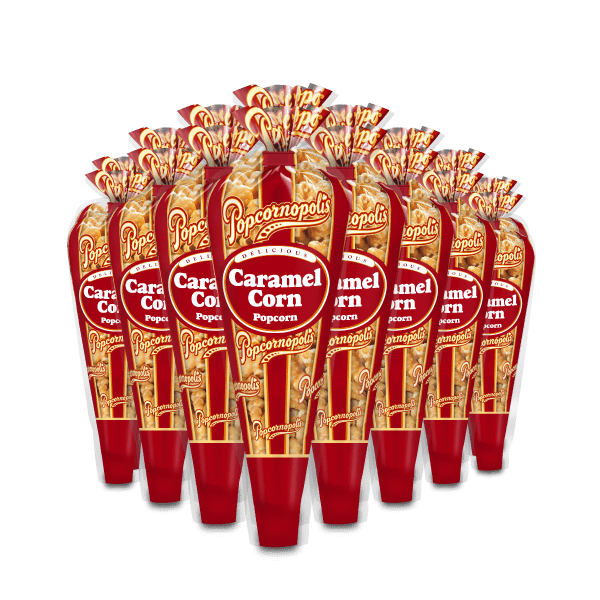 A picture of a six mini cones of Popcornopolis® flavored Caramel Corn gourmet popcorn.