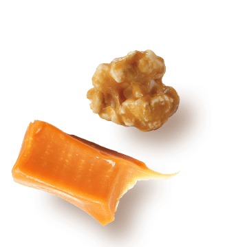 A picture of a kernel flavored Caramel next to a chuck of caramel.
