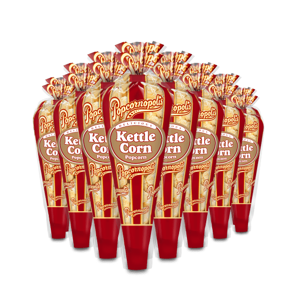 A picture of gourmet popcorn Mini cones of Popcornopolis® flavored Kettle Corn gourmet popcorn.