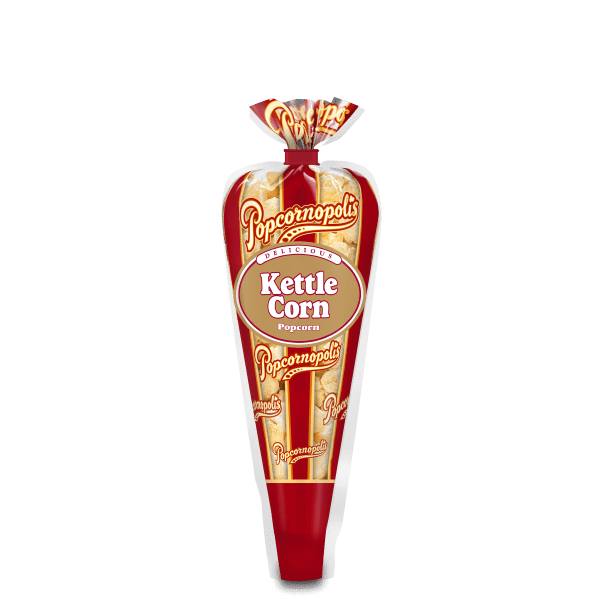A picture of a mini cone of Popcornopolis® flavored Kettle Corn gourmet popcorn.