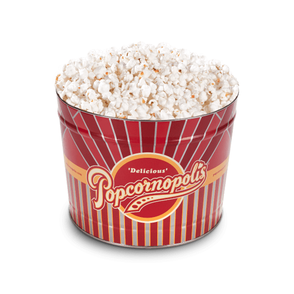 A picture of a 2 Gallon Tin of Popcornopolis® gourmet popcorn flavored Nearly Naked.