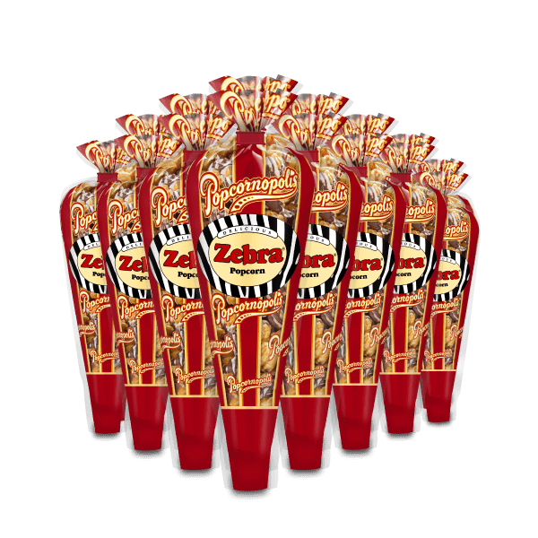 A picture of 6 mini cones of Popcornopolis® flavored Zebra® gourmet popcorn.