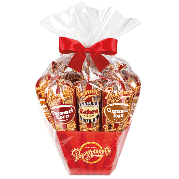 A picture of a Classic Stripe Big7 cone assorted gourmet popcorn gift basket flavored Cheddar Cheese, Caramel Corn, Kettle Corn, Cinnamon Toast and Zebra®.
