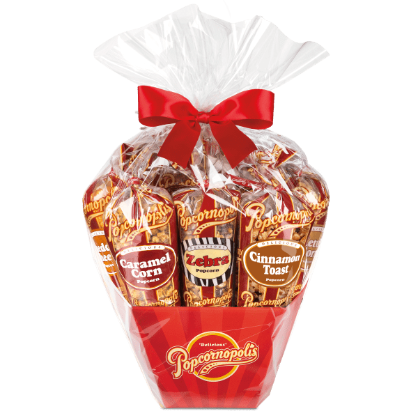 A picture of a Classic Stripe Big7 cone assorted gourmet popcorn gift basket flavored Cheddar Cheese, Caramel Corn, Kettle Corn, Cinnamon Toast and Zebra®.