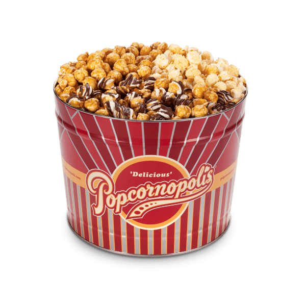 2 Gallon Tin of Popcornopolis® gourmet popcorn premium variety assortment