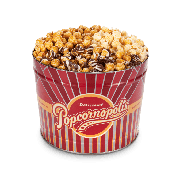 Picture of gourmet popcorn of the Classic Stripe 2-Gallon Tins with gourmet popcorn flavored with Zebra®, Caramel Corn and Kettle Corn.