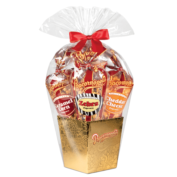 A picture of a Gold Celebration 5 cones flavored Cheddar Cheese, Caramel Corn, Kettle Corn, Cinnamon Toast and Zebra®. assorted popcorn.