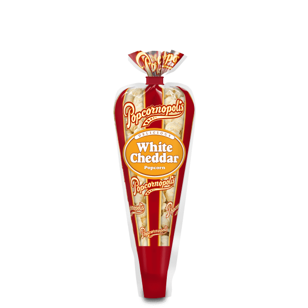 A picture of mini cone of Popcornopolis® flavored White Cheddar Cheese gourmet popcorn.