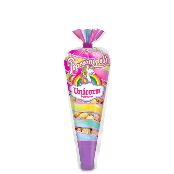 A picture of mini cone of Popcornopolis® flavored Unicorn Popcorn® gourmet popcorn.