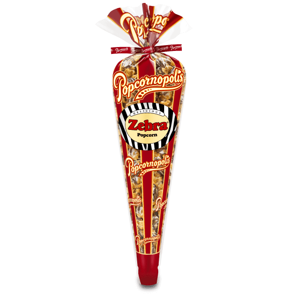 A regular cone of Popcornopolis® popcorn flavored Zebra® gourmet popcorn.