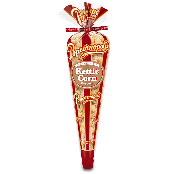 A picture of gourmet popcorn a regular size cone flavored Kettle Corn.