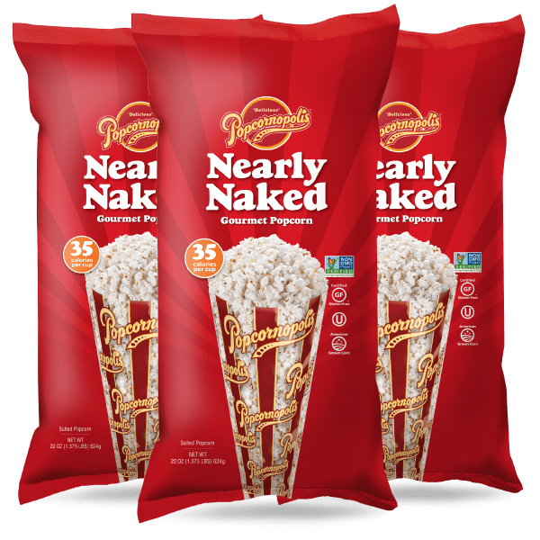 A picture of three bags of gourmet Popcornopolis® popcorn flavored Nearly Naked.