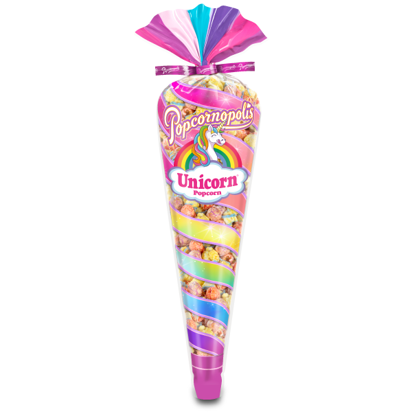 A picture of regular cone form Popcornopolis® flavored Unicorn gourmet popcorn.