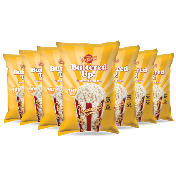 A picture of seven bags NET 0.55 oz bags of Popcornopolis® flavored Buttered Up gourmet popcorn.