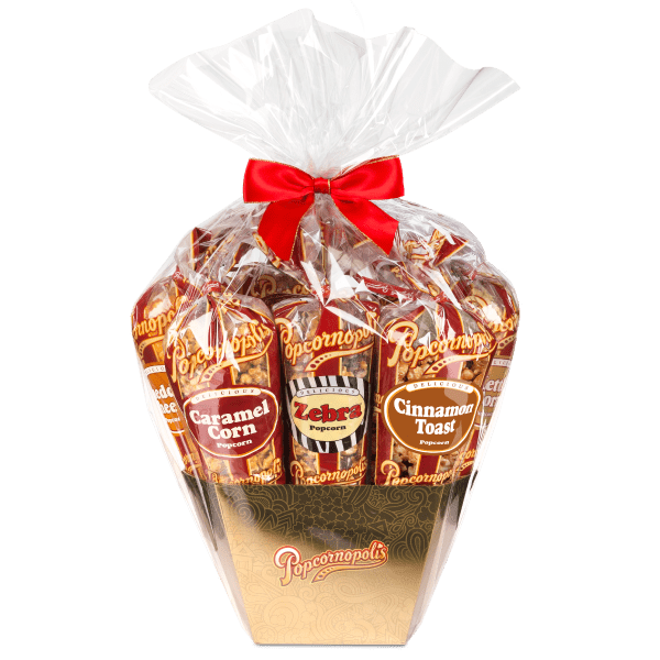 A picture of a Gold Celebration 7 cone assorted gourmet popcorn gift basket flavored Cheddar Cheese, Caramel Corn, Kettle Corn, Cinnamon Toast and Zebra®.