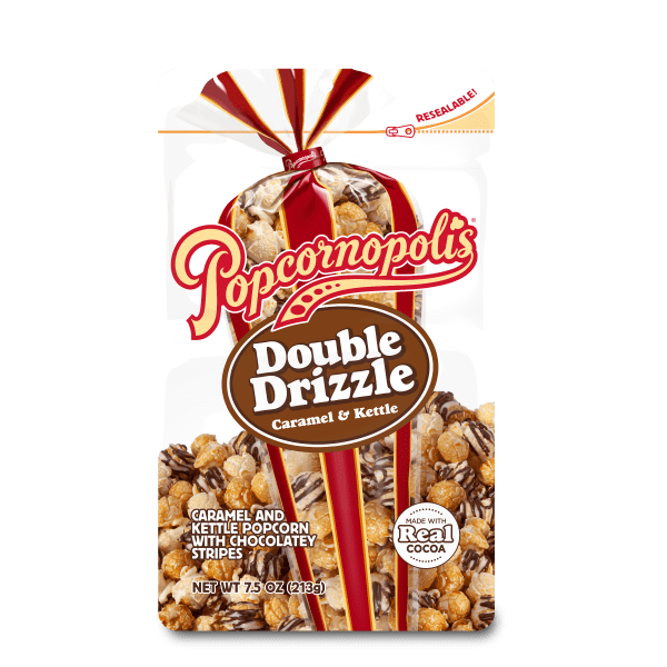 A picture of Popcornopolis® gourmet popcorn pouch flavored Double Drizzle.