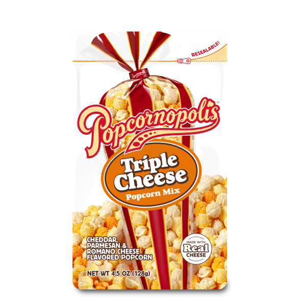 Pouch of Popcornopolis® Triple Cheese gourmet popcorn