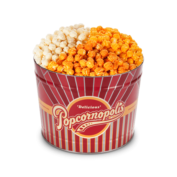 A picture of gourmet popcorn in 2 Gallon Tin of Popcornopolis® gourmet popcorn cheese lover assortment.