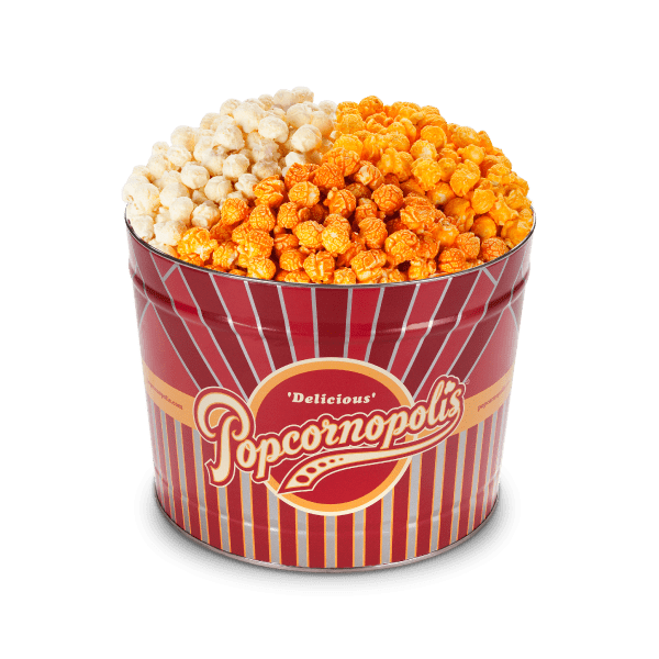 A picture of gourmet popcorn in 2 Gallon Tin of Popcornopolis® gourmet popcorn cheese lover assortment.