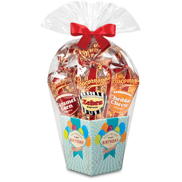 A picture of a Happy Birthday 5 regular cone flavored Cheddar Cheese, Caramel Corn, Cheddar Cheese and Zebra®. assorted popcorn.