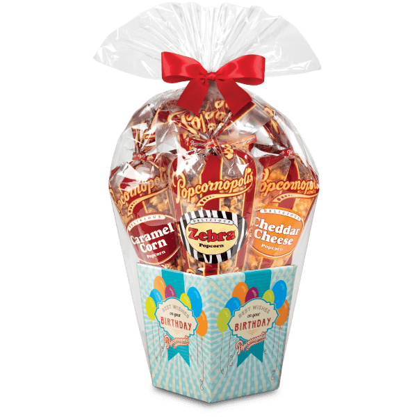 A picture of a Happy Birthday 5 regular cone flavored Cheddar Cheese, Caramel Corn, Cheddar Cheese and Zebra®. assorted popcorn.