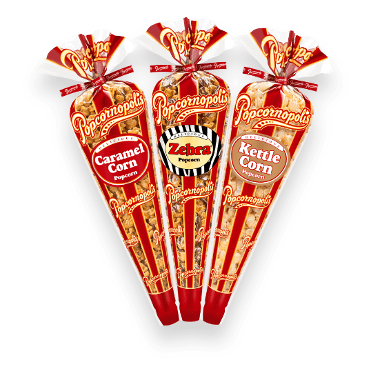 zebra, kettle, and caramel corn cones of gourmet popcorn