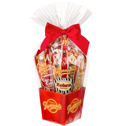 A picture of Classic stripe 5 mini cone of gourmet popcorn gift basket flavored of Cheddar Cheese, Caramel Corn, Zebra® and Kettle Corn.