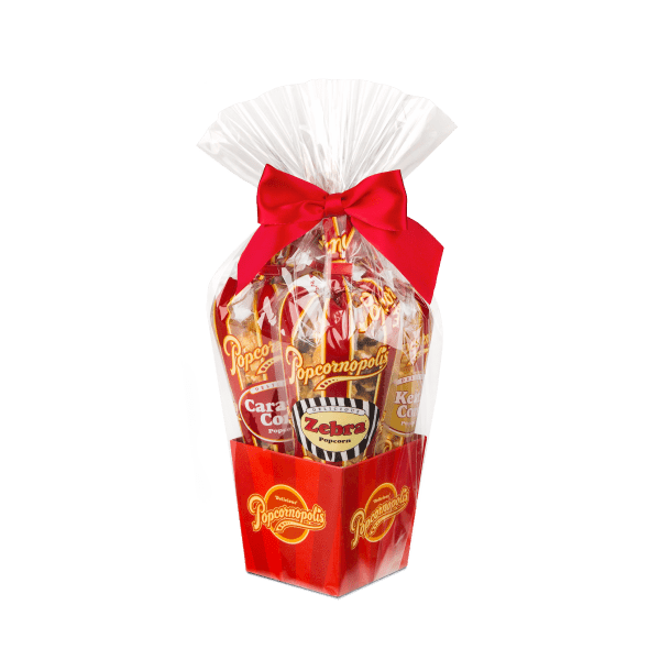 A picture of Classic stripe 5 mini cone of gourmet popcorn gift basket flavored of Cheddar Cheese, Caramel Corn, Zebra® and Kettle Corn.