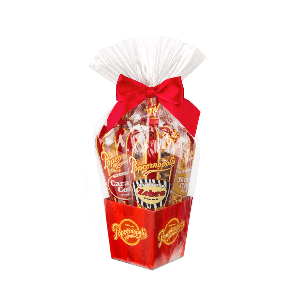 A picture of Classic stripe 5 mini cone of gourmet popcorn gift basket flavored of Cheddar Cheese, Caramel Corn, Zebra® and Kettle Corn.