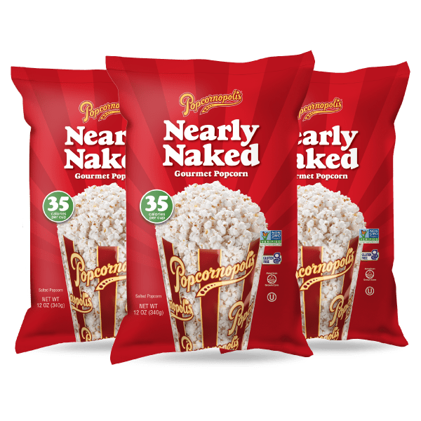 Bags of Popcornopolis® flavored Nearly Naked gourmet popcorn.