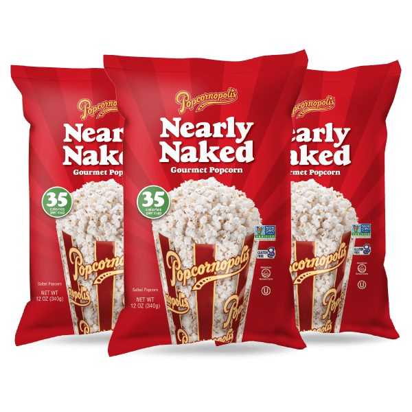 Bags of Popcornopolis® flavored Nearly Naked gourmet popcorn.