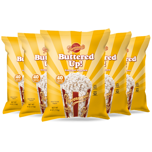 Bags of Popcornopolis® NET WT 4oz flavored Buttered Up gourmet popcorn