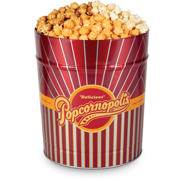A picture of a 3.5 Gallon Tin of Popcornopolis® gourmet popcorn flavored Cheddar Cheese, Caramel Cone and Kettle Cone. Variety assortment.