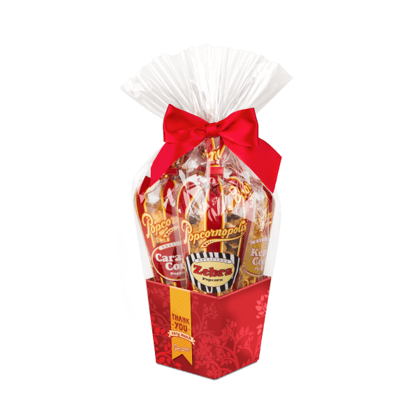 A picture of 5 mini cones Thank You of gourmet popcorn gift basket flavored of Cheddar Cheese, Caramel Corn, Zebra® and Kettle Corn.