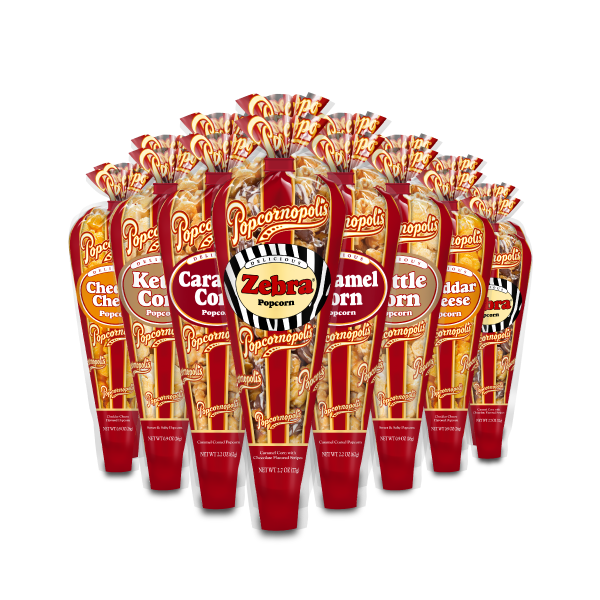 A picture of eight mini cones of Popcornopolis® gourmet popcorn premium assortment flavored Zebra®, Caramel Corn, Kettle Corn and Cheddar Cheese.