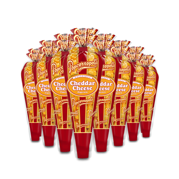 A picture of eight mini cones of Popcornopolis® flavored Cheddar Cheese gourmet popcorn.
