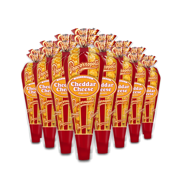 A picture of eight mini cones of Popcornopolis® flavored Cheddar Cheese gourmet popcorn.