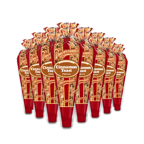 A picture of eight mini cones of Popcornopolis® flavored Cinnamon Toast gourmet popcorn.