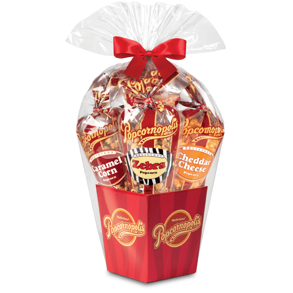 A picture of Classic stripe 5 cone of gourmet popcorn gift basket flavored of Cheddar Cheese, Caramel Corn, Zebra® and Kettle Corn.