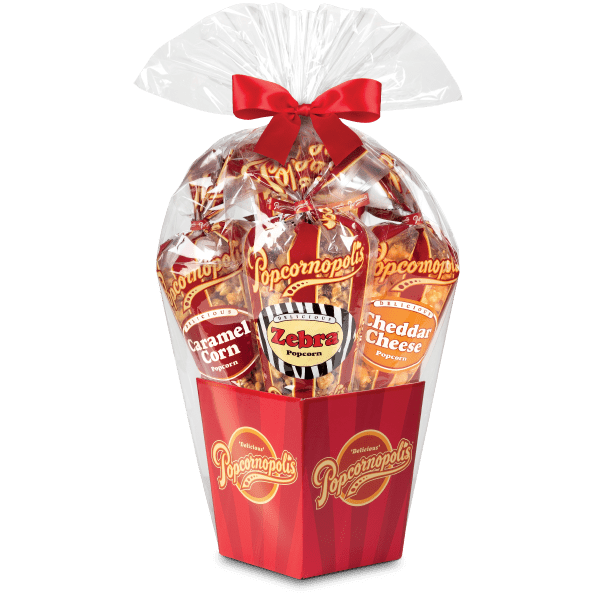 A picture of Classic stripe 5 cone of gourmet popcorn gift basket flavored of Cheddar Cheese, Caramel Corn, Zebra® and Kettle Corn.