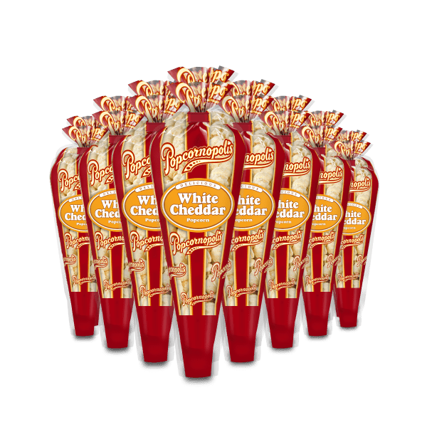 A picture of eight mini cones of Popcornopolis® flavored White Cheddar Cheese gourmet popcorn.