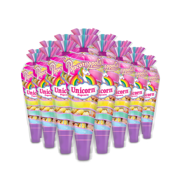 A picture of eight mini cones of Popcornopolis® flavored Unicorn Popcorn® gourmet popcorn.