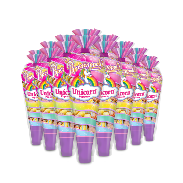 A picture of eight mini cones of Popcornopolis® flavored Unicorn Popcorn® gourmet popcorn.