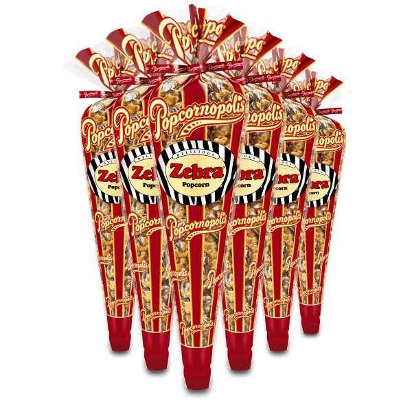 A picture of 6 regular cones of Popcornopolis® flavored Zebra® gourmet popcorn.