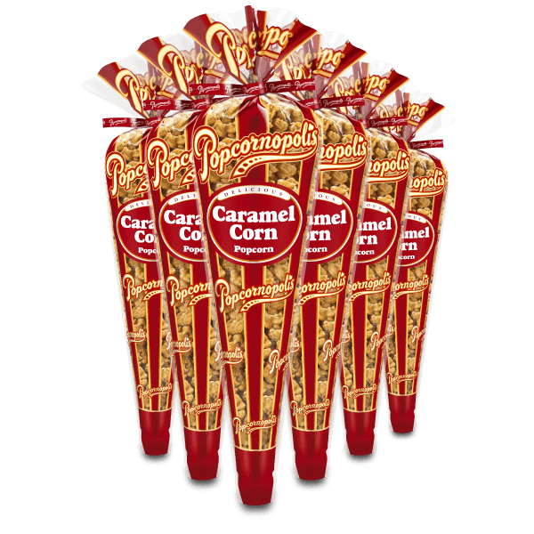 A picture of a six regular cones of Popcornopolis® flavored Caramel Corn gourmet popcorn.